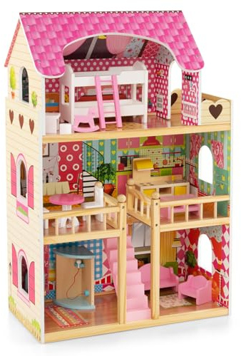DREAMADE Maison de Poupée pour Enfants à 3 Étages, Maison de Rêve à 6 Pièces Simulées avec 15 Meubles, Papiers Peints, Maison de Luxe pour Poupée Solides et Durable, Cadeau pour Enfant 3+ Ans