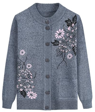 FWSHANGMAO Middle-Aged And Elderly Knitted Cardigan-Vintage Floral Embroidered Jacket Women'S Spring And Autumn Mother Wear Flower Warm Sweater,Blue,L