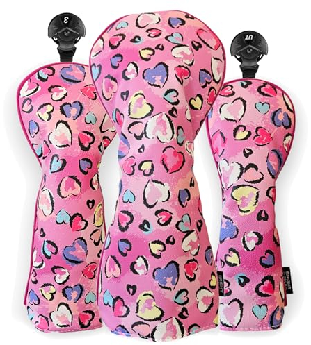 Bright Golf Schlägerhauben 460 CC Driver Head Cover Fairway Wood Utility Wood Pink Hearts Design Tolle Golf Geschenkidee (3-teiliges Set)
