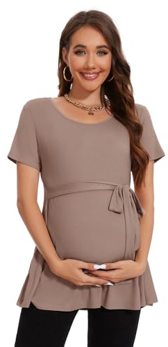 Smallshow Ropa de Mujer Embarazada Manga Corta Side Split Tops Maternidad,Brown,XXL
