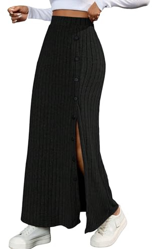 GORGLITTER Women's High Waisted Slit Bodycon Maxi Skirt Ribbed Knit Button Side Long Pencil Winter Skirts Black L