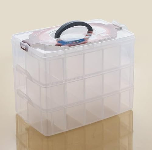 ASelected Sorting Storage Box with Handle, 24 x 18 x 16 cm Craft sStorage Boxes, 3 Tiers Sorting Boxes with Dividers, Stackable Storage Box with Compartments for Small Parts Beads Jewellery