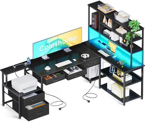 Coleshome Eckschreibtisch mit 5 Schubladen & 4 Regalen, 180×100cm Schreibtisch L-Form mit LED, Steckdosen & USB, großer Schreibtisch für Homeoffice, Schwarz