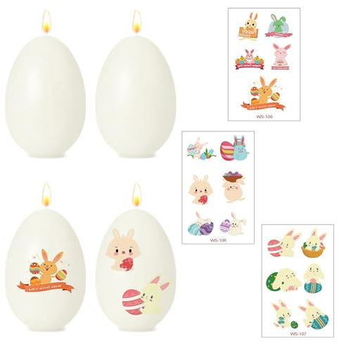 Ovaletta 4 Stück Ostereikerze Weiß, Osterkerzen, Oster Kerzen Eierkerze, Osterfest Dekoration Kerze, mit 3 Stück Ostern Kerzentattoos, Egg Candle, Kerzen Weiß, Eierkerzen Größe 6,3 x 4,2 cm,