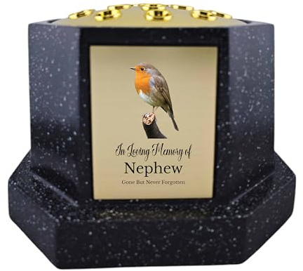 In Loving Memory Of Memorial Octagon Rose Bowl Grave Marker Flower Pot Vase With Robin Design Mum Dad & Lots More Black/Gold (UV PRINTED) (Nephew)