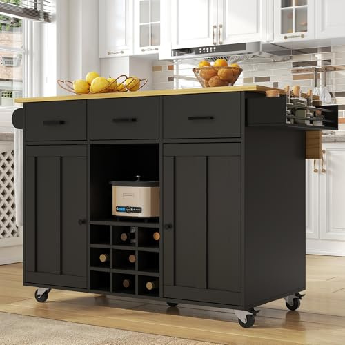 SogesHome Isola della cucina mobile su 5 ruote, grande armadio da cucina, carrello da cucina, carrello da portata con scaffale per vino, piano di lavoro pieghevole, cassetti e portasciugamani