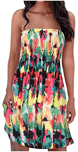 Vestidos casuales sin tirantes fruncidos para mujer, bohemio, floral, estampado tropical, sin mangas, vestido de tubo bandeau, vestido de verano para la playa, vestido corto de verano, vestido corto