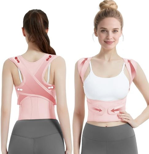 LuxuMach Posture Corrector for Women & Men, Full Back Brace Support with Adjustable Shoulder Straightener, Lower & Upper Back Pain Relief - Scoliosis, Hunchback, Spine Corrector (Pink, Large)