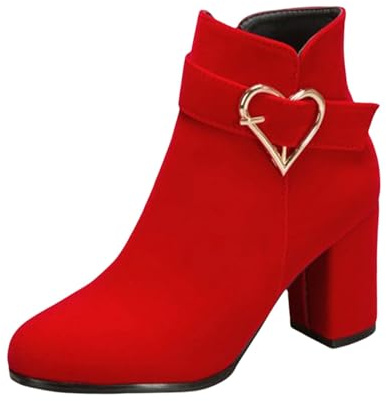 Momolaa Red Women's Side Zip Chunky Heels Ankle Boots,Faux Suede Round Toe Block High Heel Ankle Boots Vintage Elegant Short Boots Fall Winter Shoes with Heart-Shaped Buckle Decor Footwear Gift UK 6