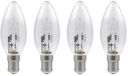 4 Pack 42W =(60W) Eco Classic Small Bayonet Cap B15d SBC, Traditional Clear Round Candle Bulbs, Dimmable, 630 Lumen, 2700K Warm White, AC 230V, for Chandeliers, Lamps, Wall Lights, Pendants