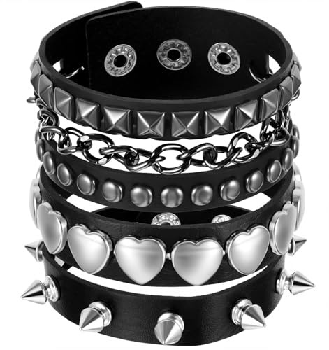 ValueBargain 3 Pcs Studded Bracelet, Spiked Bracelets with Spikes & Studs, Adjustable Spiked Cuffs for Men & Women, 80s Rock Wristband, Black Leather