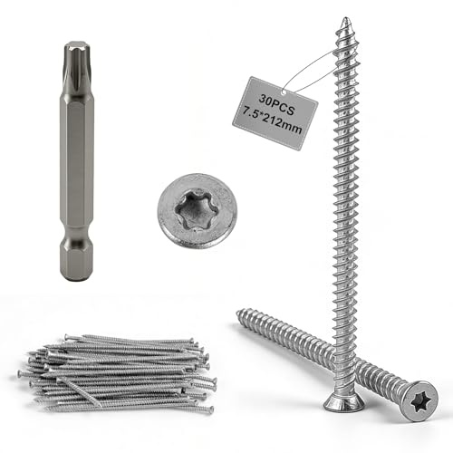MIGUBIGU 30 PCS Vis de Cadre de Fenétre 7.5 mm x 212 mm avec Torx 30 Bit Gratuit, Vis Béton Téte Fraisée, Vis d'Ancrage Direct pour Béton, Portes et Fenêtres, Murs