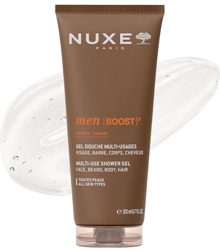 Nuxe Men Gel douche multi-usage 200 ml, nettoyant 4 en 1 pour le visage, la barbe, le corps et les cheveux, formule sans sulfate avec extrait oléo-écorce de cendre, parfum énergisant bois-épicé