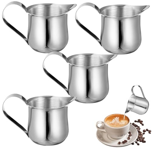 MALUGOGO Set di 4 mini brocche per latte in acciaio inox, 50 ml, con beccuccio, per schiumare e servire panna, set di piccole brocche per latte per uso domestico e bar