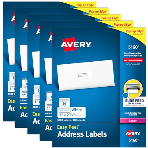 Avery Easy Peel Printable Address Labels with Sure Feed, 1 x 2-5/8 Customizable Stickers, White, 15,000 Blank Mailing Labels, Great for Mailing, Shipping, and More (5-Pack of 5160)