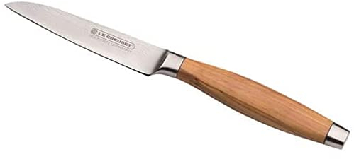 LE CREUSET Gemüsemesser, 9 cm 18/8 Damaststahlklinge mit glattem Schliff, Olivenholzgriff, Rostfrei, Braun/Silber, 98000109000200