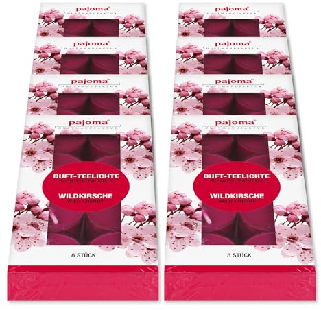 pajoma® Teelichte 8er Pack, Wildkirsche | 64 Duft-Teelichte in Polycarbonathülle, Brenndauer ca. 4 Stunden - Höhe 1,5 cm ø 3,5 cm | Premium Qualität | Deko, Gastronomie, Outdoor, Windgläser, Hochzeit