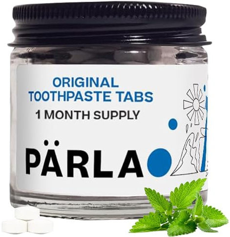 PÄRLA Original Toothpaste Tablets with Fluoride | 62 Tabs, 1 Month Supply | Eco-Friendly Bites in Sustainable Packaging | Peppermint Flavour | Natural Whitening, Gluten Free & Vegan | Refillable Jar