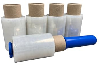 5 rullar mini förpackningsfolie med 1 dispenser | Tjocklek 23 my 100 mm × 150 lfm sträckfolie | transparent | förpackningsfolie på rulle | plastfolie för flyttning | förpackning krympning