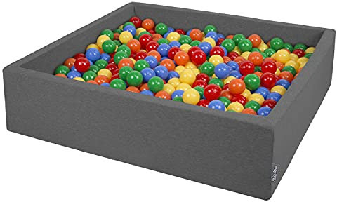 KiddyMoon Piscina di Palline 120X30cm/200 Palline Grande Quadrato per Bambini Fabbricato in EU, Grigio Scuro:Giallo/Verde/Blu/Rosso/Arancione