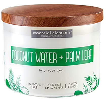 Candle Lite Essential Elements Duftkerze im Glas | Coconut Water & Palm Leaf | Duftkerze Kokos | 3 Docht Kerze | Kerzen lange Brenndauer (45h) | Große Kerze (418g)