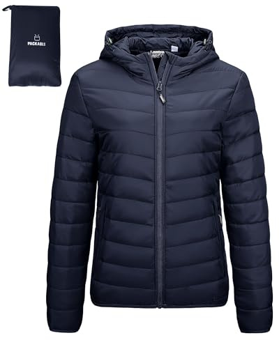 Outdoor Ventures Giacca trapuntata da donna, leggera, avvolgente, calda, con cappuccio, foderata, con tasche, per il tempo libero, le escursioni, i viaggi, Blu scuro, XXL