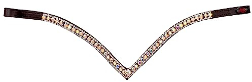 Start Woden Stirnriemen Pferd Glitzer, Stirnband Leder Diamond Pferdestirnband Pferdeschmuck geschwungen für Trense, Stirnriemen für Pferde Größe Warmblut, Vollblut und Pony (Full, Braun/Schimmernd)
