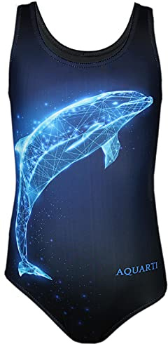 Aquarti Badeanzug Mädchen – Sportlicher Mädchen Badeanzug mit Ringerrücken Print, Farbe: Delfin Digital Blau/Schwarz, Größe: 158