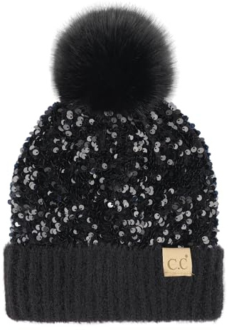 C.C Kids Sequin Fur Pom Beanie for Boys Girls - Comfortable Soft Warm Children Youth Knit Skully Hat with Faux Fur Pom (Black)