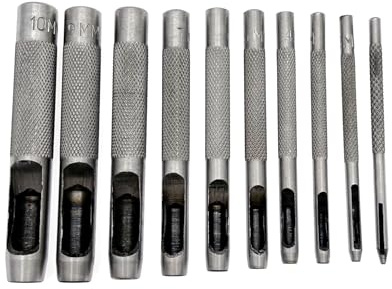 JZK 10 X Set di punzoni tondi in acciaio, taglierina per perforatori in pelle per guarnizioni di cinturini per orologi, tessuto per scarpe, tela, carta, occhielli per vestiti (da 1 mm a 10 mm)