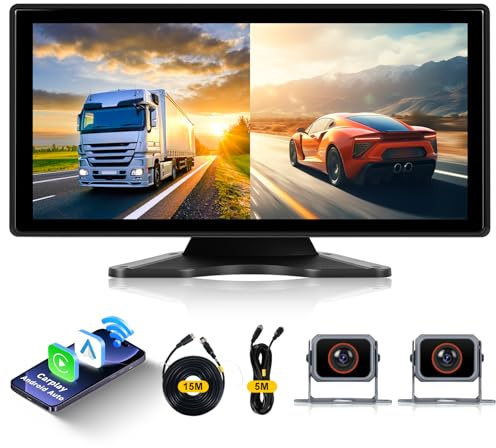 Hodozzy Monitor de Cámara Trasera 2 Cámaras Inalámbrica Carplay Android Auto,10,36 Pulgadas HD IPS Pantalla Táctil Portátil Radio con Bluetooth Mirrorlink Grabación de Bucle de Vídeo FM AUX USB