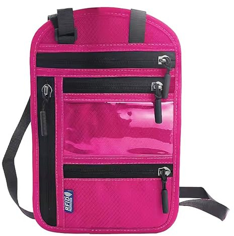 Mynoozi Brustbeutel mit RFID Schutz-Reisegeldbeutel für Damen und Herren, wasserdichte Passporttasche mit verstellbarem Halsband für Passport, Kreditkarten, Münzen und Reise Zubehör -Blau (Rosarot)