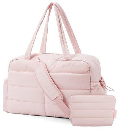 bagsmart Reisetasche Sporttasche Damen, 31L Wasserabweisend Puffer Wickeltasche Handgepäck Tasche Weekender Bag Gesteppt mit Kosmetiktasche, Kliniktasche Geburt für Gym, Fitness, Arbeit, Rosa