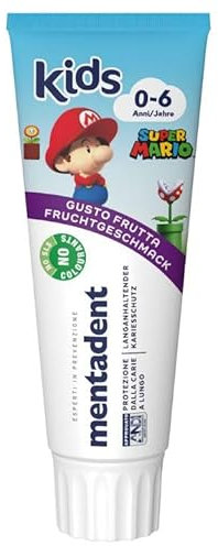 Dentifricio per Bambini 0-6 Anni Gusto Frutta Super Mario Mentadent Kids da 75ml (Unica, Mario)
