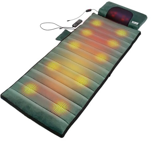 YAWN AIR eZwell Electric Massage Remedy Mattress Extra Large - 3-in-1 Heat Pad, Shiatsu & Vibration Therapy - Detachable Ergonomic Pillow - 10 Vibrating Motors & 6 Shiatsu Nodes - Green