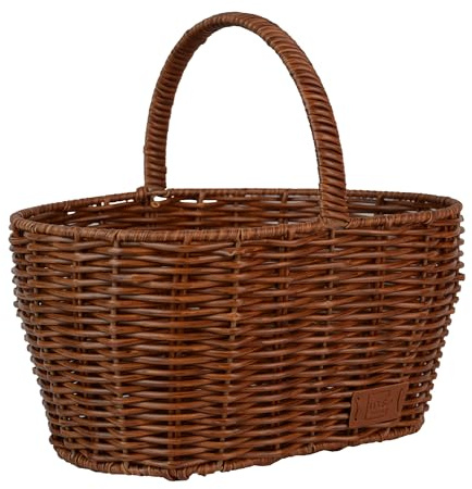 UNUS shoppingkorg i rottinglook, hållbar och väderbeständig, perfekt för inköp, picknick och förvaring, plastkorg med robust handtag, medium, brun