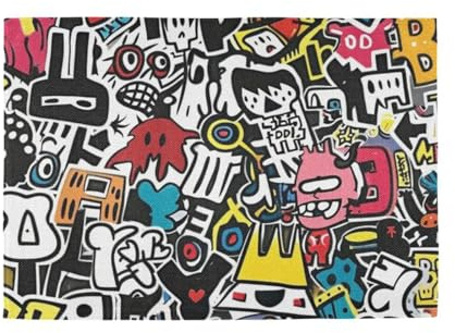 Graffiti Art Trend Play - Juego de 6 manteles individuales y posavasos para mesa de comedor, manteles individuales reutilizables de pizarra, tapete de cocina, platos lavables para mesa de granja,