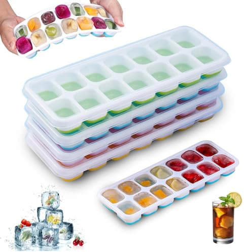 Set med 4 isbitar med lock, fyrkantiga silikonisbehållare, isbitsform, BPA-fri, lätt att ta bort, stapelbar, för cocktails, whisky och färska drycker