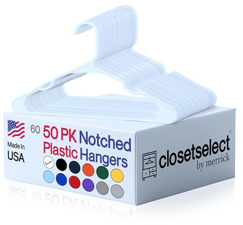 Plastic Hangers 50 Pack, Strong Space Saving Clothes Hanger, Made in USA, Perfect Shirt or Coat Plastic Hanger, with Shoulder Grooves, White, Notched