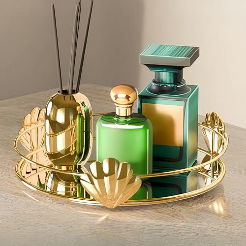 HARLIANGXY Vassoio a Specchio Dorato, Vassoio da Trucco Girevole a 360°, Vassoio Profumo Rotondo, Organizzatore di Cosmetici, Vassoio Decorativo da Scrivania per Cura Della Pelle, Gioielli, Candele