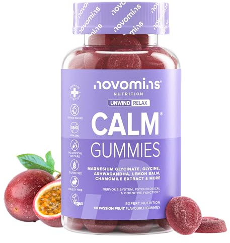Gummies al Magnesio Glicinato – 450 mg con Ashwagandha, Glicina, Melissa, Camomilla, Vitamina B12 e Iodio – Supporto a mente e sistema nervoso – Novomins