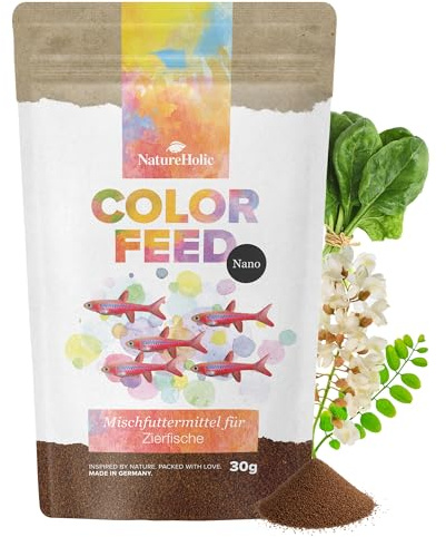 NatureHolic Nano Color Feed - Alimento para peces pequeños | Microgranulado potenciador de color con astaxantina cantaxantina beta caroteno | para peces de enjambre salbadores de neón | proteína de