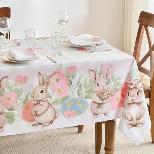 FIBORIA Gingham Tablecloth Colorful Easter Table Cloth Rectangular 140x200 cm Wipeable Tablecloths Water Resistant Bunny Table Cover for Festive Decorations Spring Summer Outdoor Garden,55x78 inch