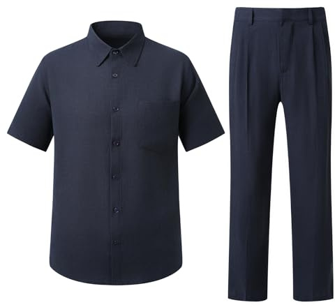 YFFUSHI Chemise en Lin et Pantalon Homme Ensemble Été 2 Pièces Manches Courtes avec Poche pour Bureau Voyage Plage, Bleu Marine, XXL