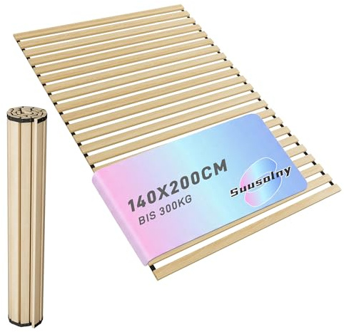 Suusolny Aufrollbarer Lattenrost Rollrost 140x200cm, Mit 23 stabile Holzleisten & Schwarzes Gummiband, Belastbarkeit bis 300KG -M