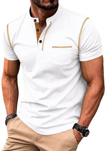 Rayson Henley T-Shirt Homme Col Rond Manches Courtes Tee Shirt avec Boutons Slim Fit Causal Travail Shirt