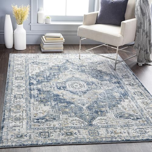 Livabliss London Vintage groß - Orientalischer Wohnzimmer 160x220 cm, Esszimmer, Schlafzimmer - Boho Kurzflor e für einfache Pflege - Blau und Grau