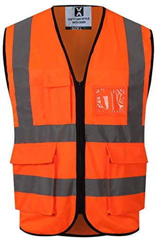 Gemx Hi Vis Vests Zipper Front for Safety & Emergencies-High Vis Vests Workwear Executive Security Waistcoat with Phone & ID Holder Pockets-Reflective High Vis Jackets for Outdoor Works (3XL,Orange)