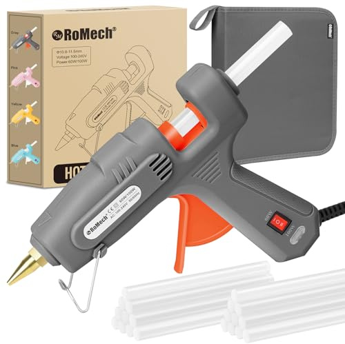 ROMECH Full Size Hot Glue Gun with 60/100W Dual Power and 21 Hot Glue Sticks (7/16), Fast Preheating Heavy Duty Industrial Gluegun with Storage Case for Crafting, DIY and Repairs (Gray)