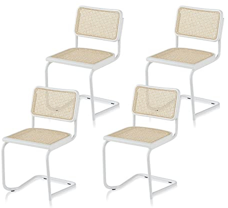 KHG 4er Set Schwingstühle Freischwinger weiß - Rückenlehne und Sitzfläche aus Massivholz Buche und Rattan - Esszimmerstuhl, Küchenstuhl Design Stuhl mit Wiener Geflecht
